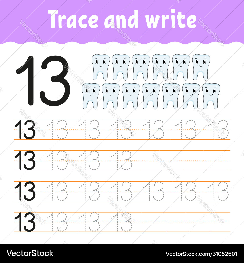 Trace and write number 13 handwriting practice Trace and write number 13 handwriting practice vector image