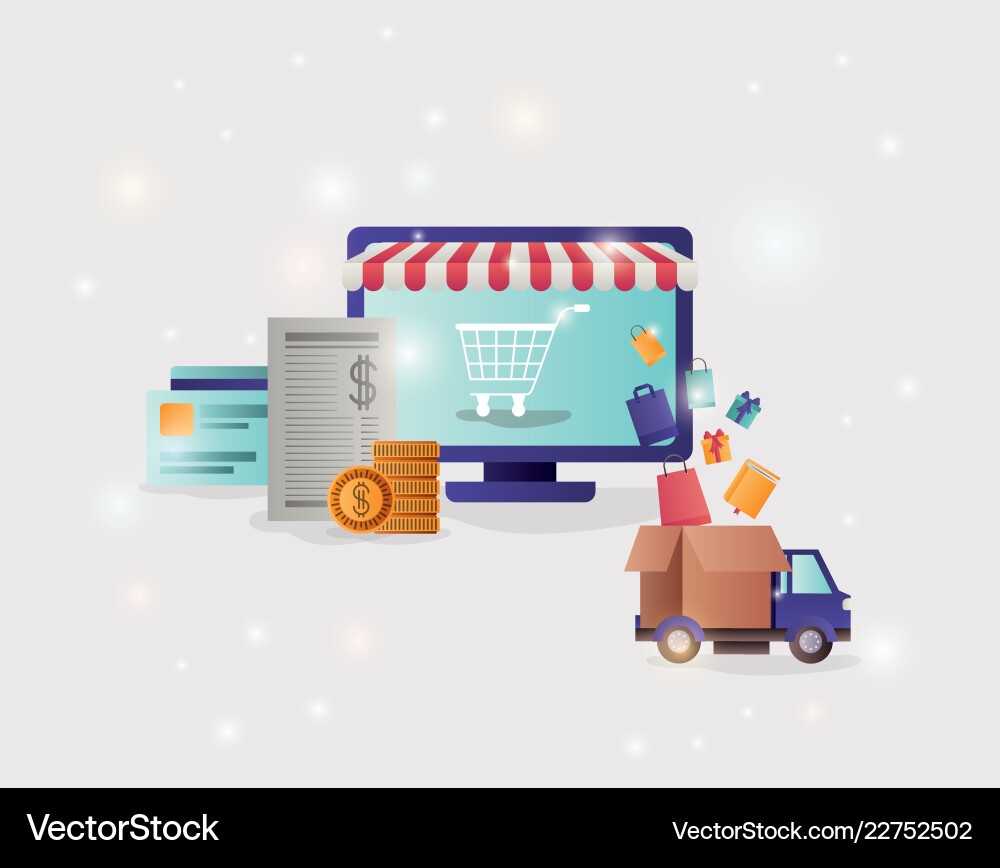 Computer with parasol and ecommerce icons Computer with parasol and ecommerce icons vector image