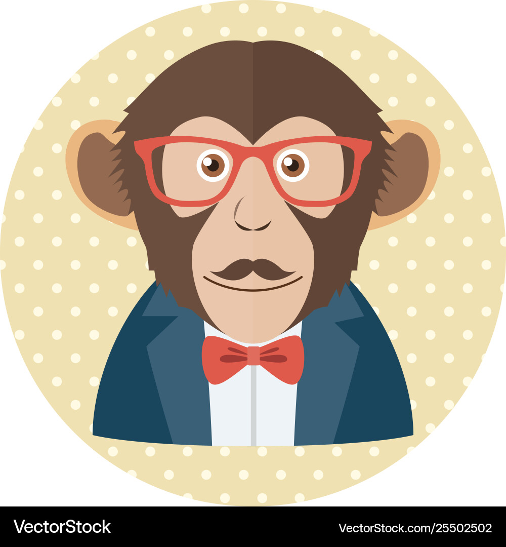 Hipster monkey with glasses mustache and bow tie – Royalty-Free Vector |  VectorStock, image size:1000x1080