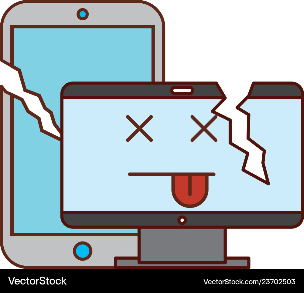 Broken computer and cellphone error Broken computer and cellphone error vector image