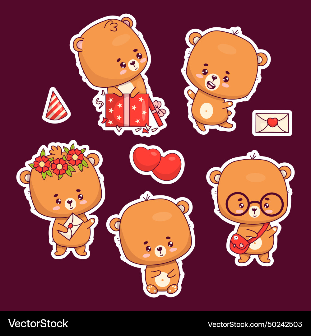 Niedliche Bären Aufkleber Teddy in Geschenkbox fröhliche Kub Niedliche Bären Aufkleber Teddy in Geschenkbox fröhliche Kub vektorbild