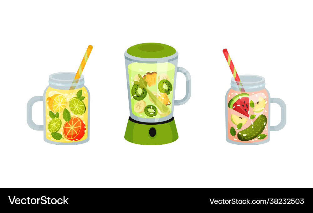 Smoothie in blender and jar with straw Smoothie in blender and jar with straw vector image