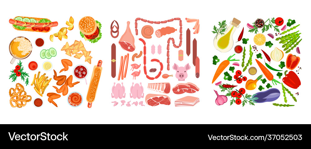 Square compositions with colorful different food Vector Image