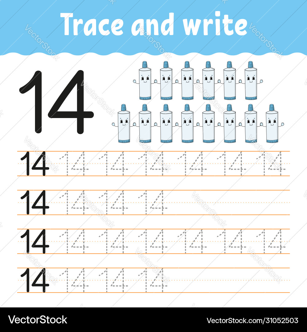 Trace and write number 14 handwriting practice Trace and write number 14 handwriting practice vector image