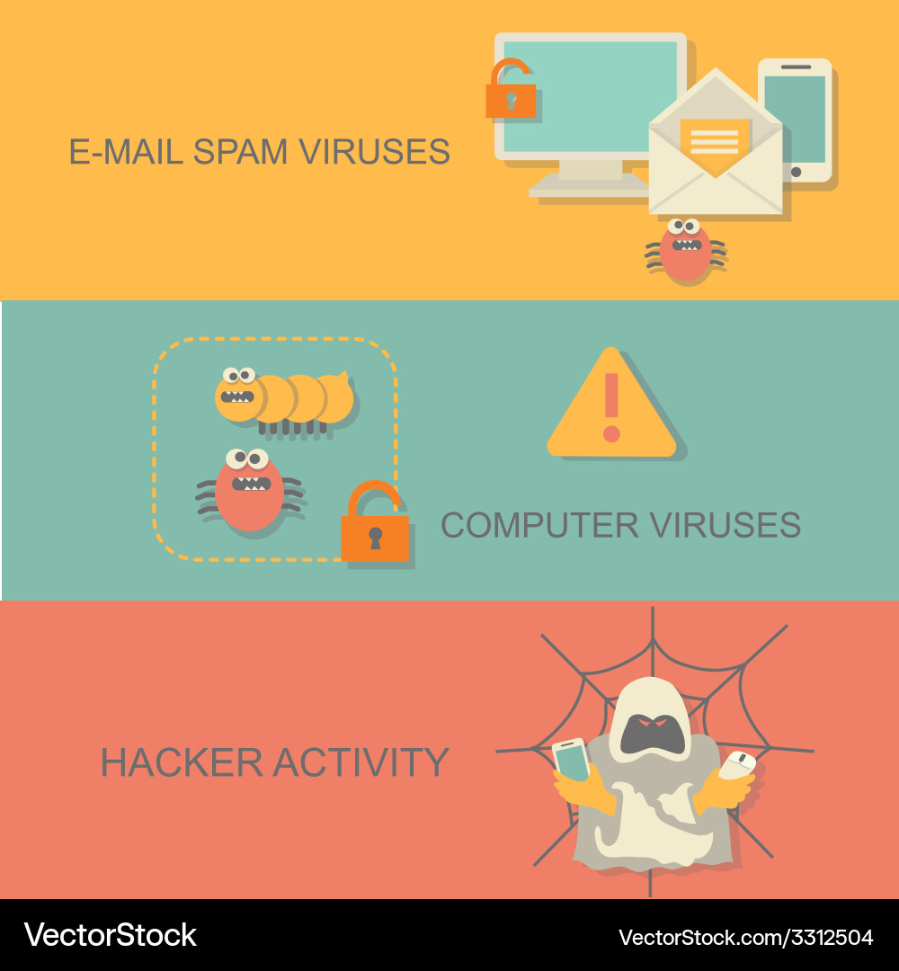 Hacker Aktivität Computer und E-Mail Spam Viren Vektorbild