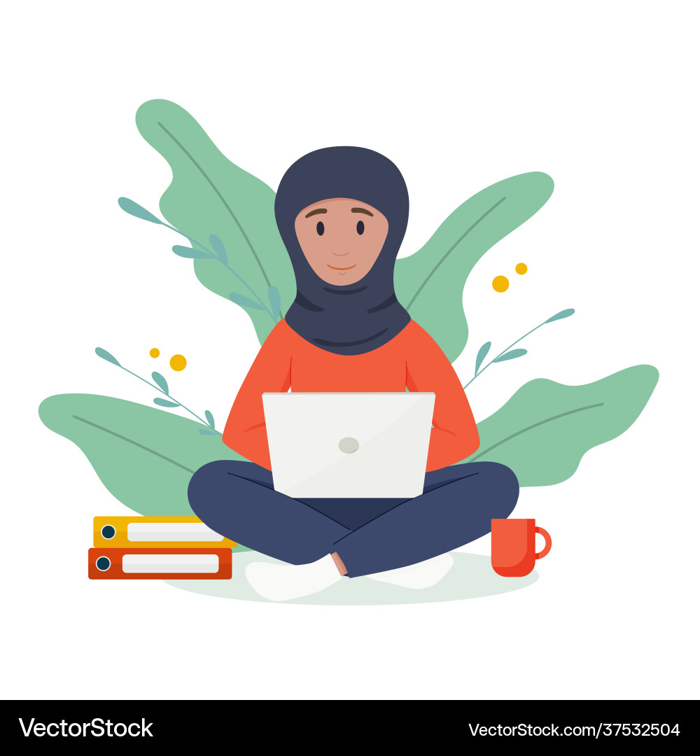 Muslim woman works at a laptop freelance concept Muslim woman works at a laptop freelance concept vector image
