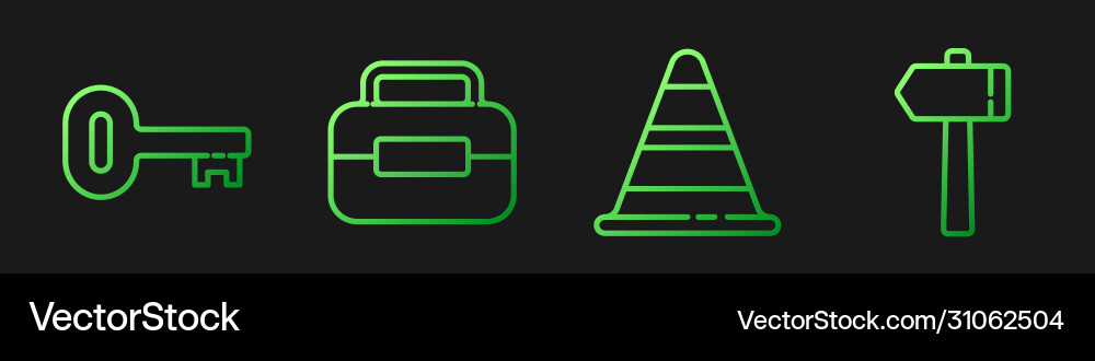 Set line traffic cone old key toolbox and hammer Vector Image