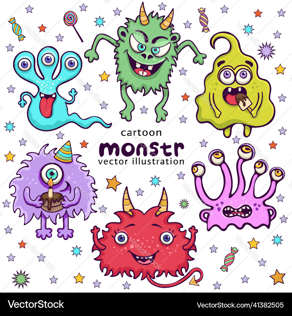 Set of cute monsters funny cartoon character hand Set of cute monsters funny cartoon character hand Vector Image