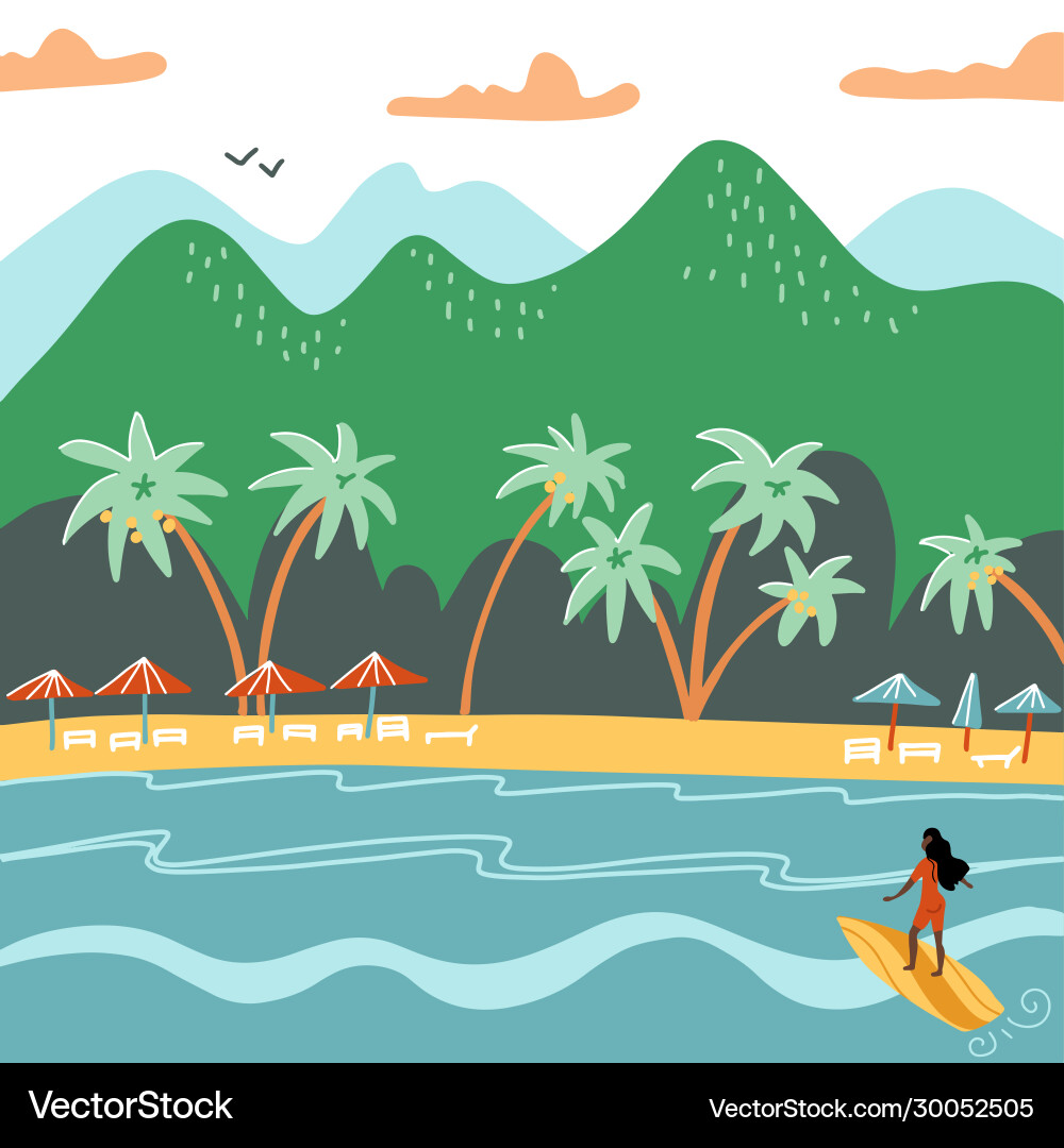 Strand Sommer Landschaft touristische Sonnenliegen Strand Sommer Landschaft touristische Sonnenliegen vektorbild
