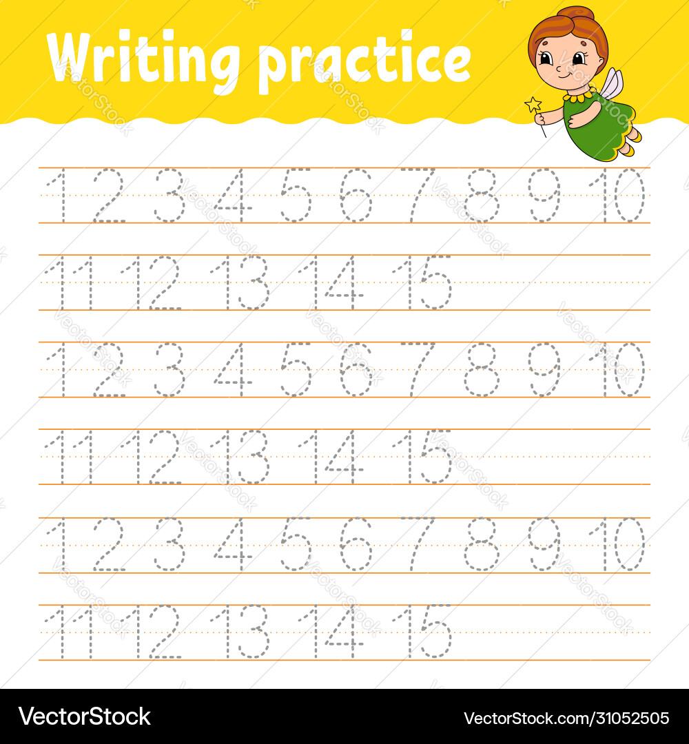 Trace and write number 1-15 handwriting practice vector image