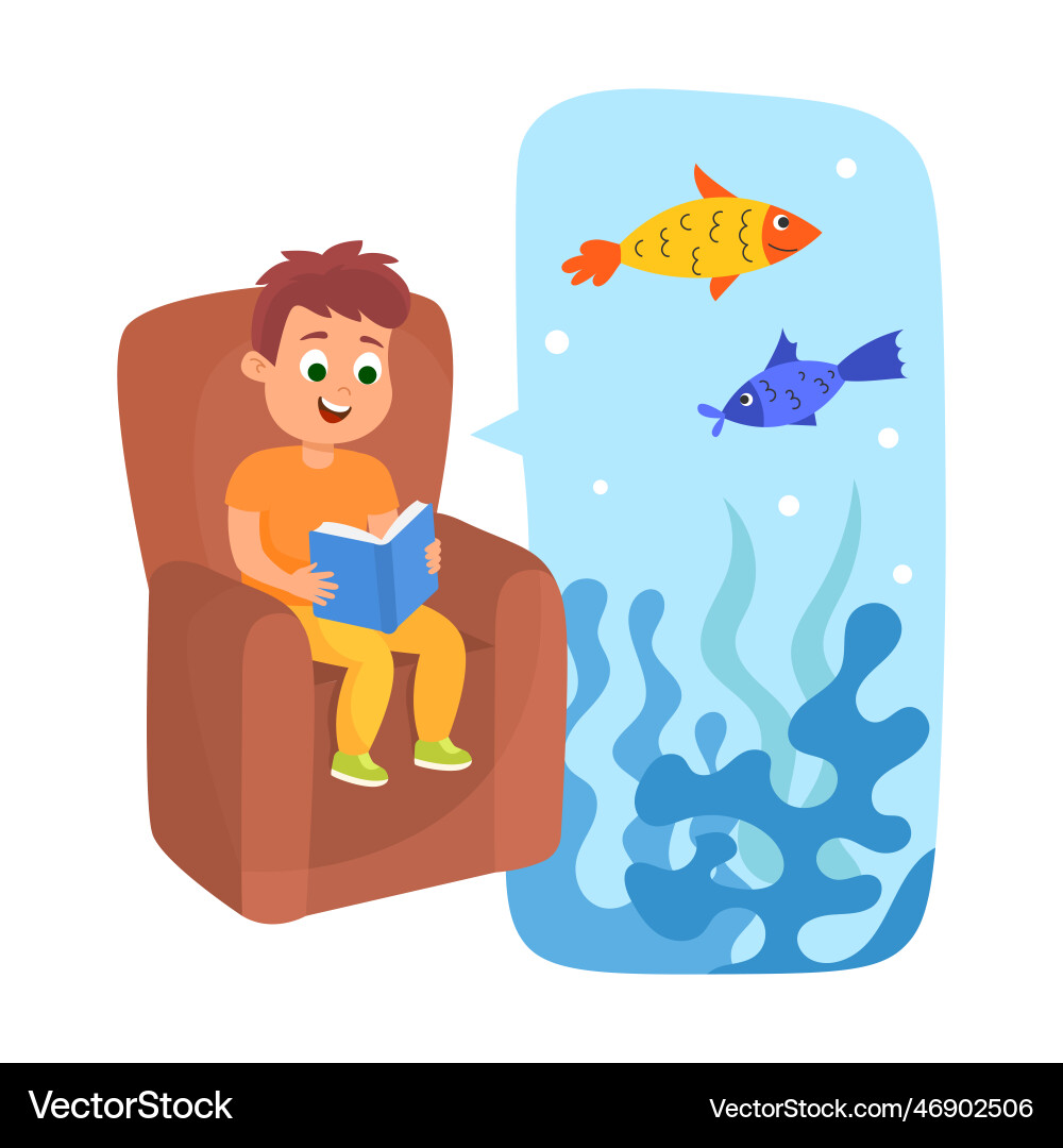 Boy reading a book about sea fish Boy reading a book about sea fish vector image
