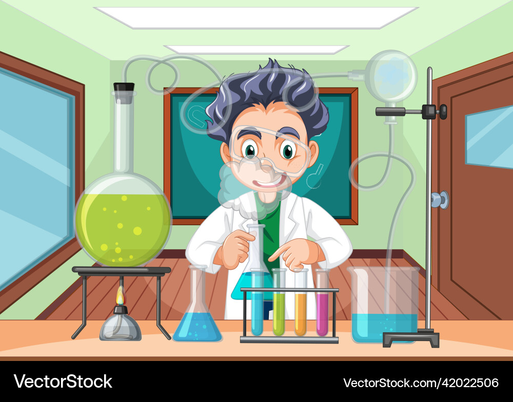 Classroom scene with scientist doing experiment Classroom scene with scientist doing experiment vector image