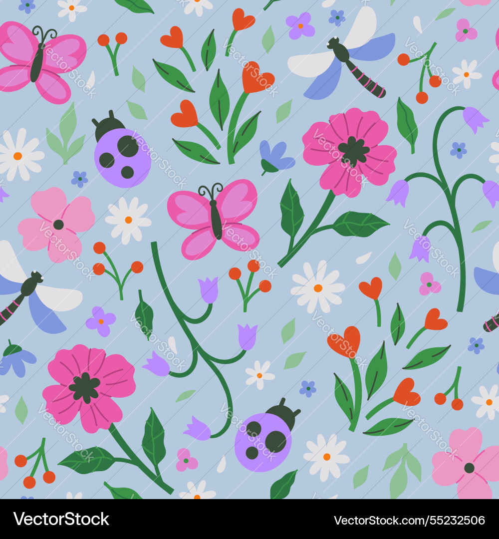 Seamless pattern with cute bugs and flowers Seamless pattern with cute bugs and flowers Vector Image