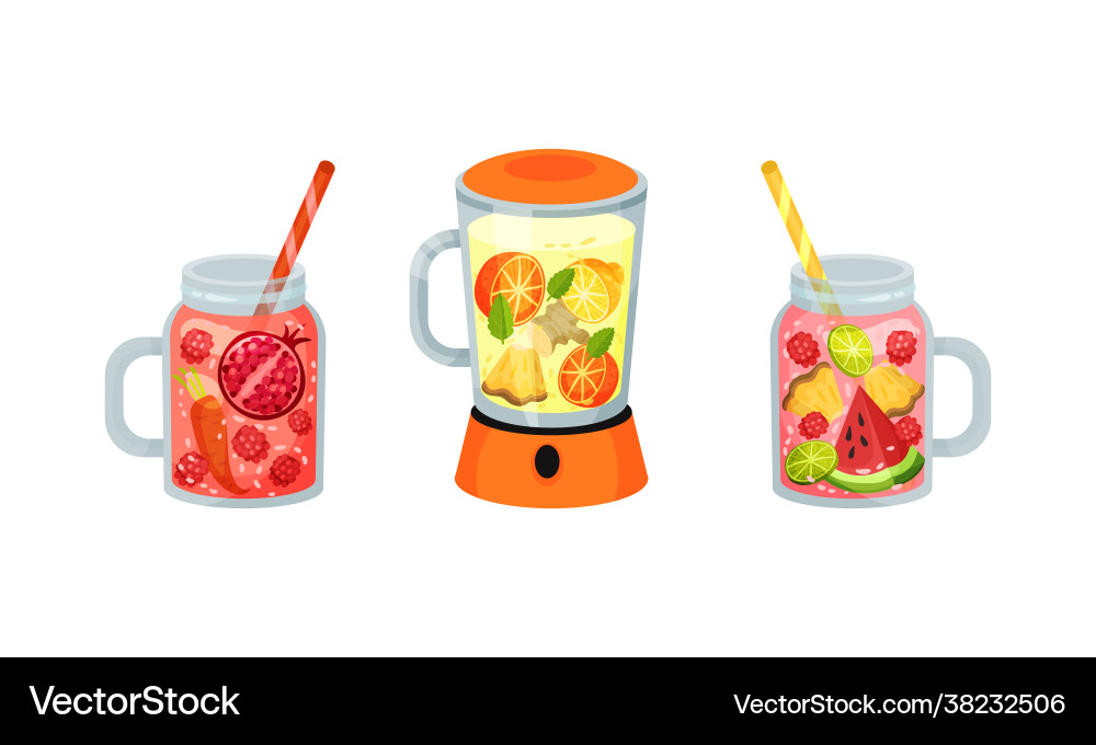 Smoothie in blender and jar with straw Vector Image
