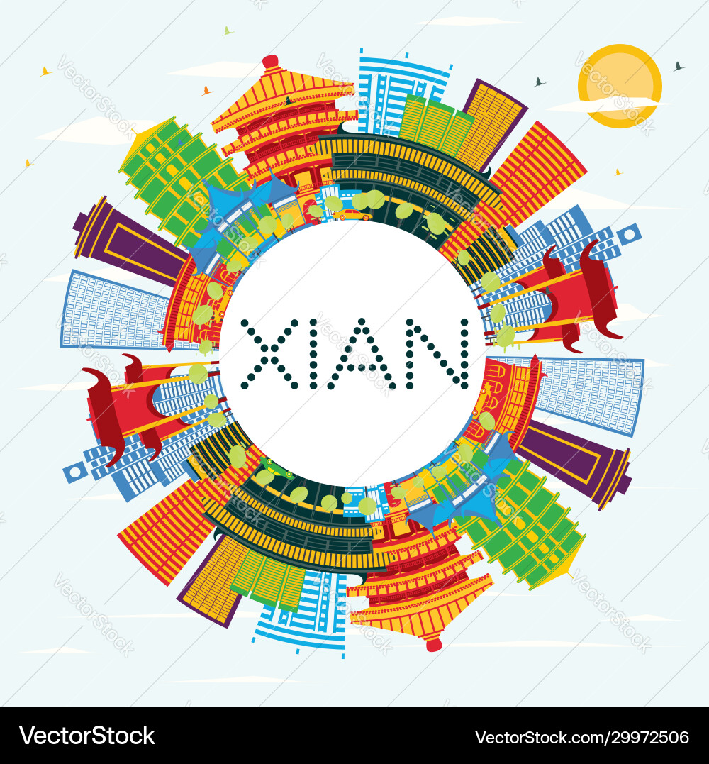 Xian china skyline with color buildings blue sky Xian china skyline with color buildings blue sky vector image