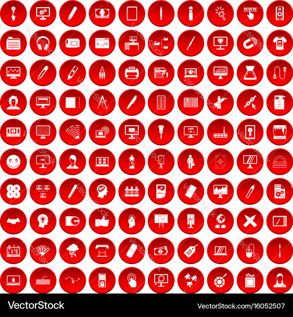 100 Web Icons Set - Red Circle vector image