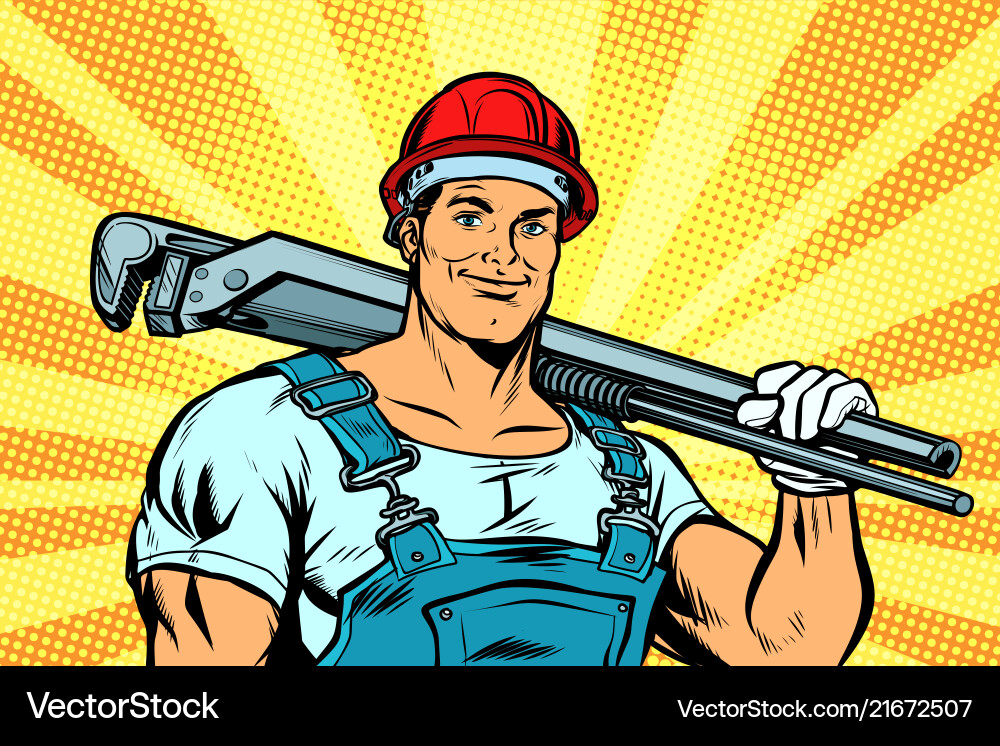 Pop art plumber worker with adjustable wrench vector image