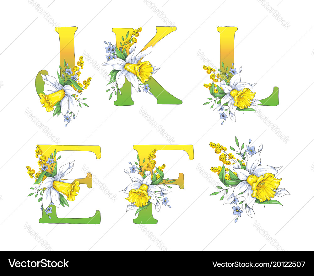 Spring bright letters with daffodils and forget-me vector image