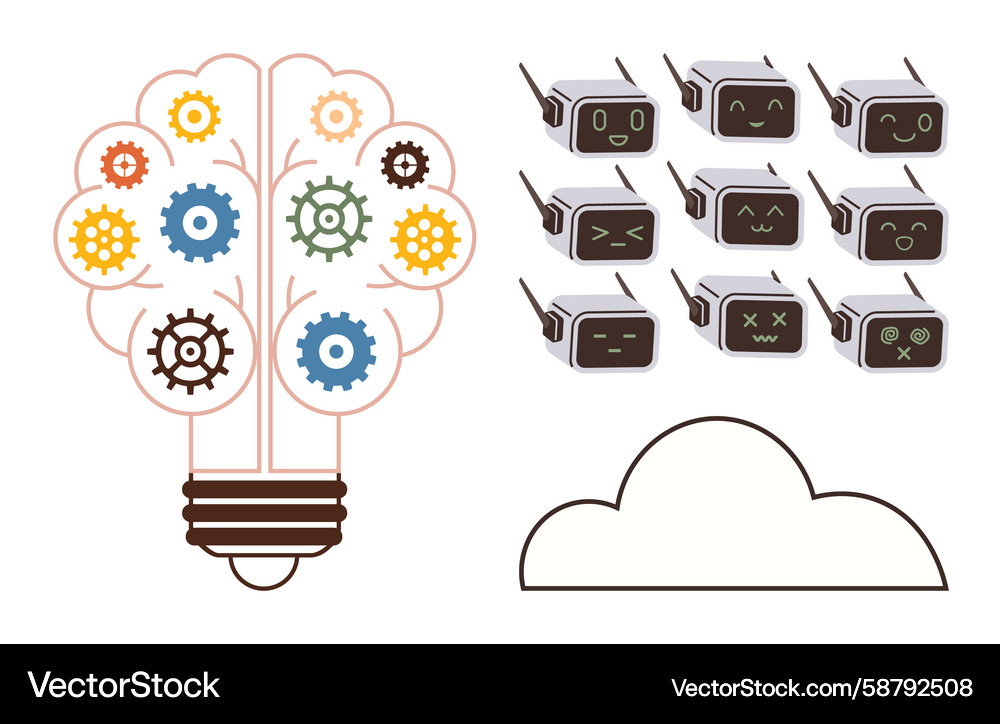 Lightbulb with gears and robots connected to cloud Lightbulb with gears and robots connected to cloud Vector Image