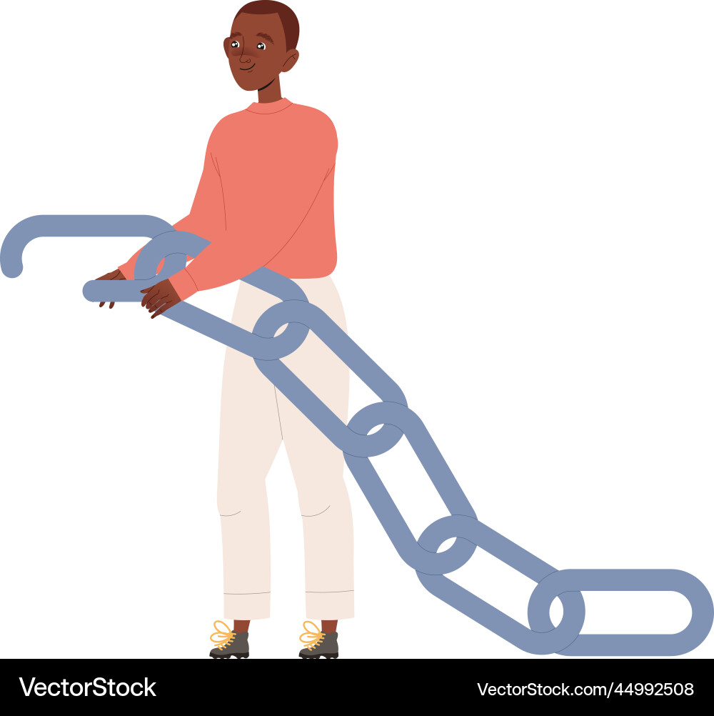 Man character joining chain part having connection Man character joining chain part having connection Vector Image