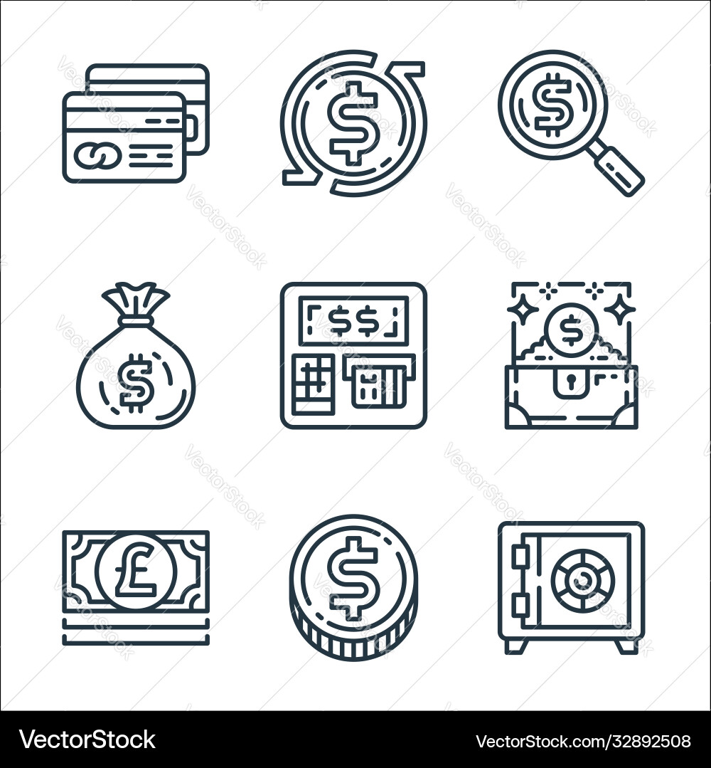 Money and currency line icons linear set quality vector image