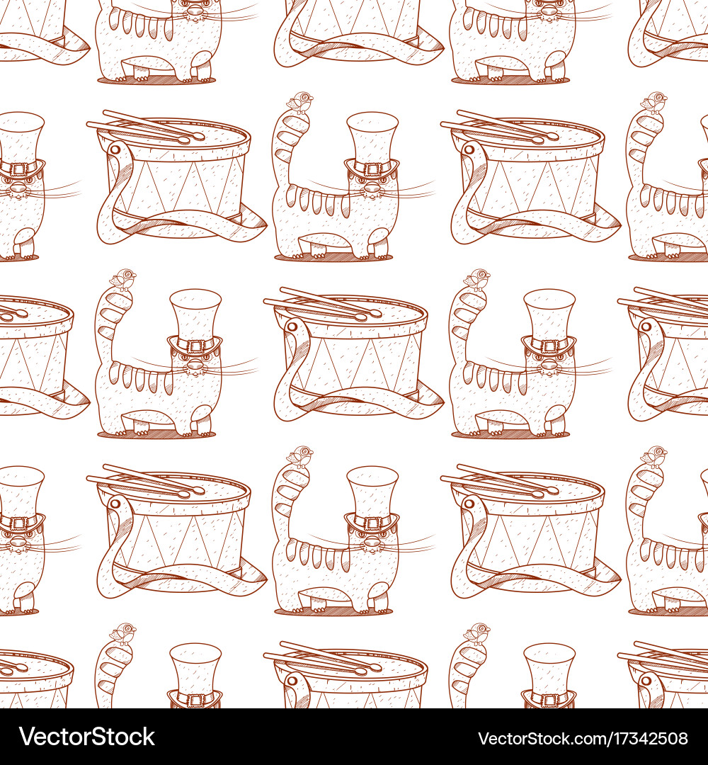 Seamless pattern with a drum and cat in the hat Vector Image