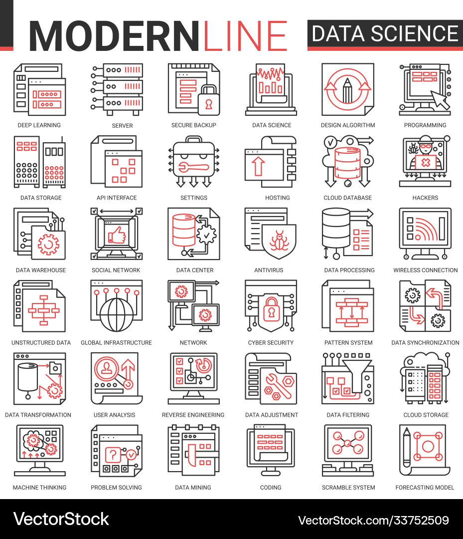 Data science complex thin red black line icon Data science complex thin red black line icon Vector Image