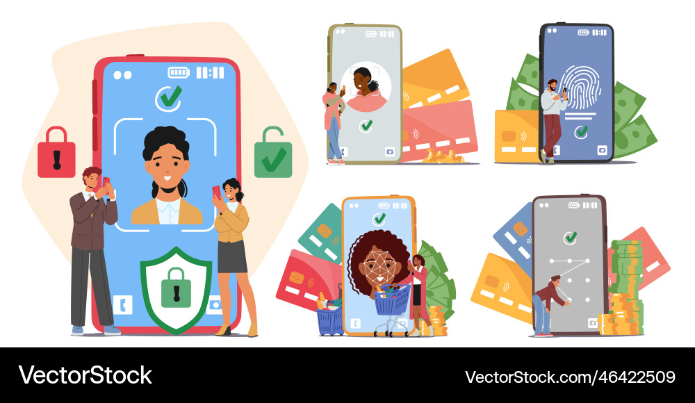 Set tiny characters insert personal data on phone Set tiny characters insert personal data on phone vector image