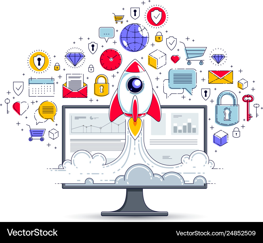 Startup rocket take off over computer monitor Startup rocket take off over computer monitor vector image