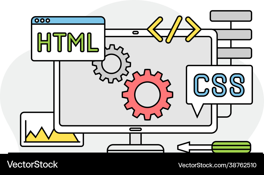 Desktop computer monitor with coding as programmed Desktop computer monitor with coding as programmed vector image