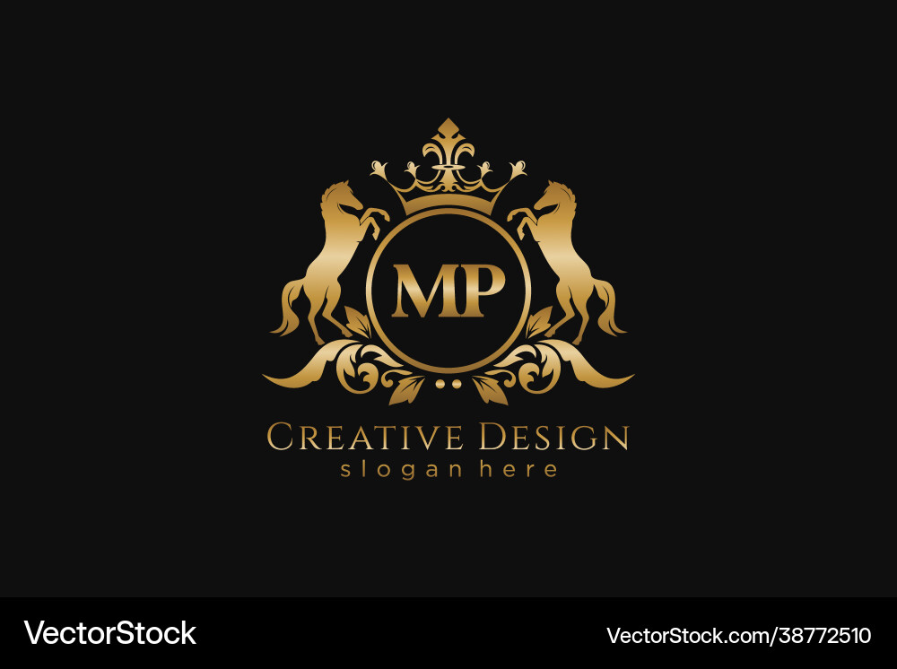 Initial mp retro golden crest with circle and two Initial mp retro golden crest with circle and two vector image