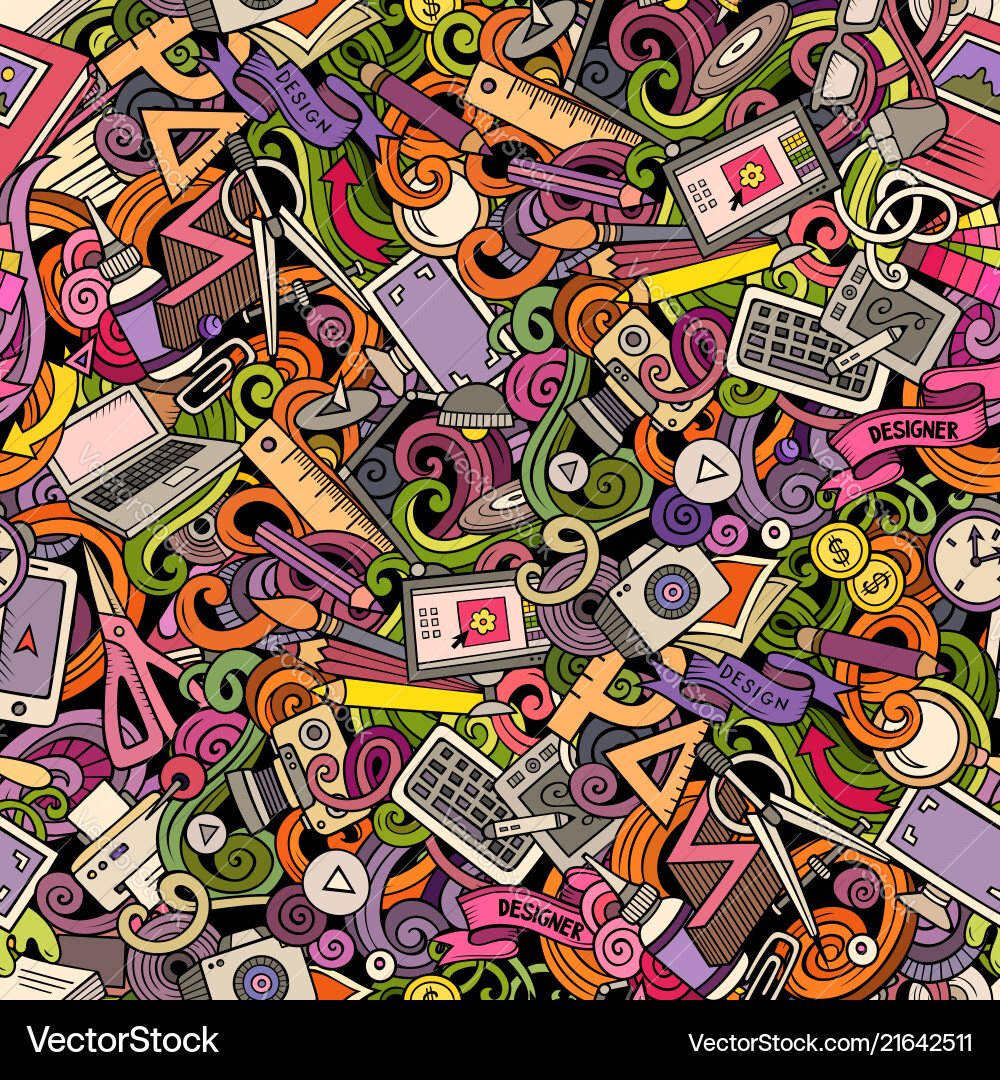 Cute Doodle Pattern - Colorful Objects Vector Image