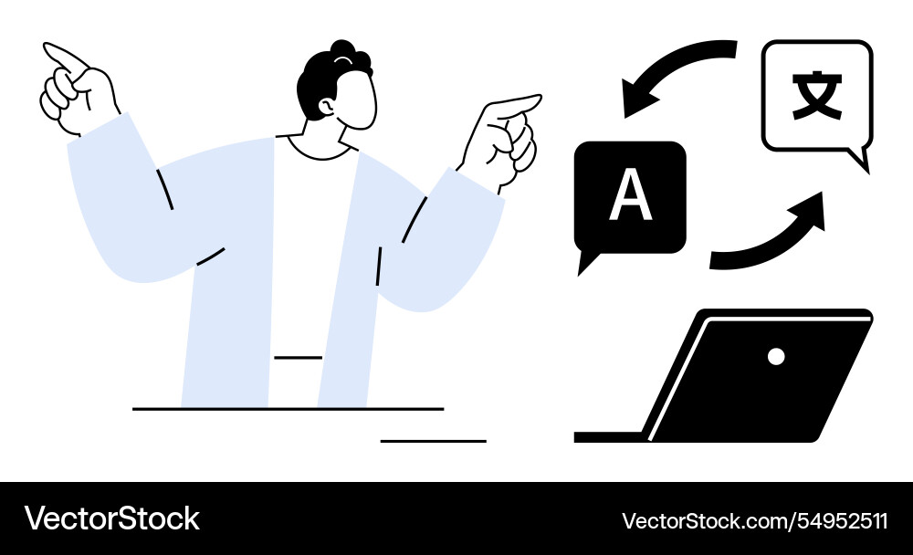 Man gesturing towards translation Man gesturing towards translation Vector Image