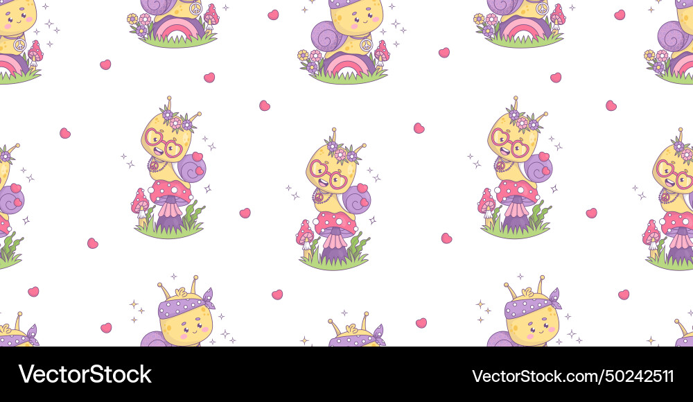 Seamless pattern with groovy pair snails hippy Seamless pattern with groovy pair snails hippy Vector Image