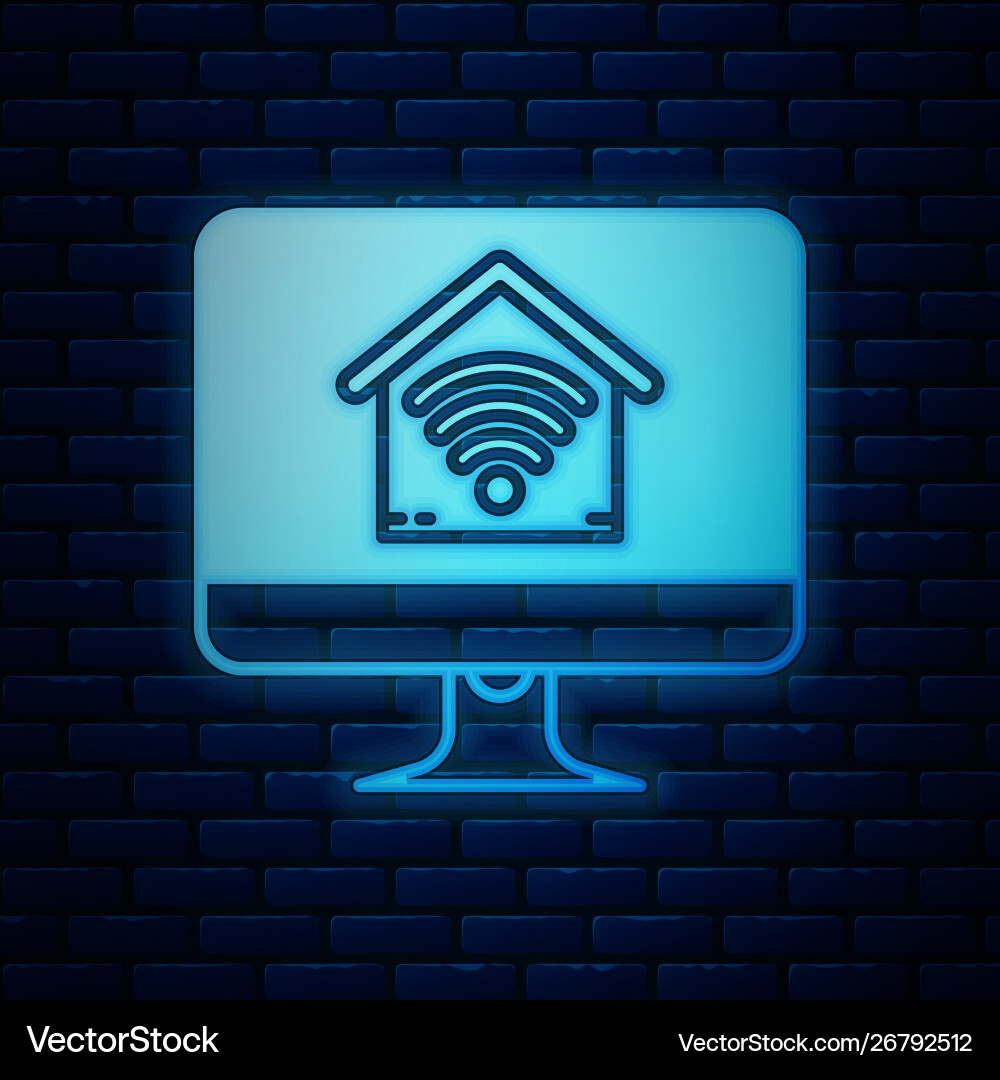 Glowing neon computer monitor with smart home Glowing neon computer monitor with smart home Vector Image
