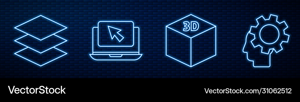 Set line isometric cube layers laptop and cursor Vector Image