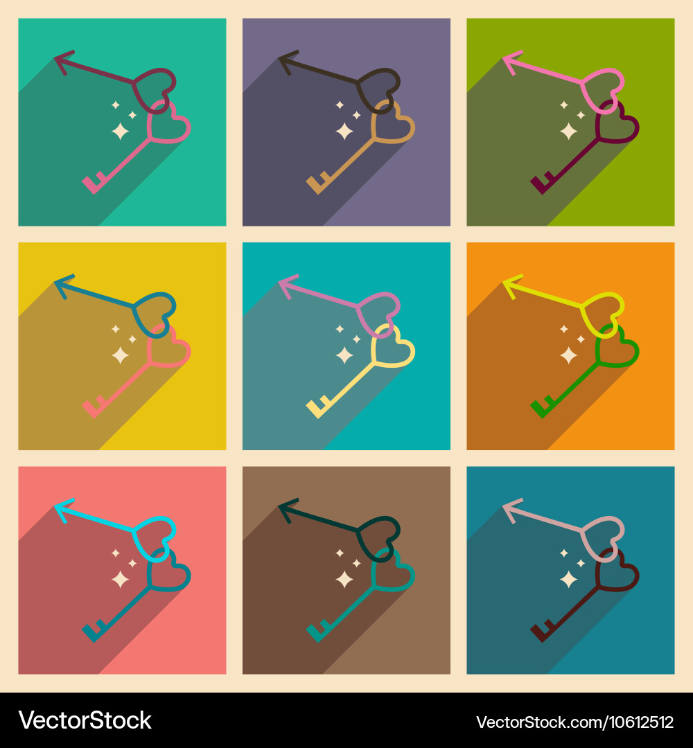 Set of flat web icons with long shadow keys heart vector image