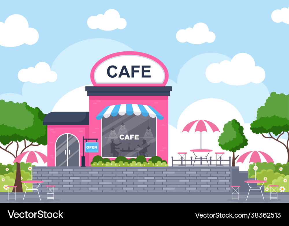Cafe with open board tree and building shop Vector Image