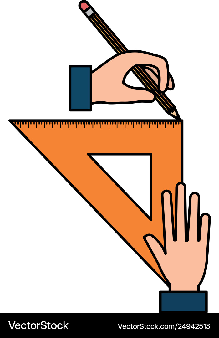 Hands drawing with triangular geometric rule Hands drawing with triangular geometric rule vector image