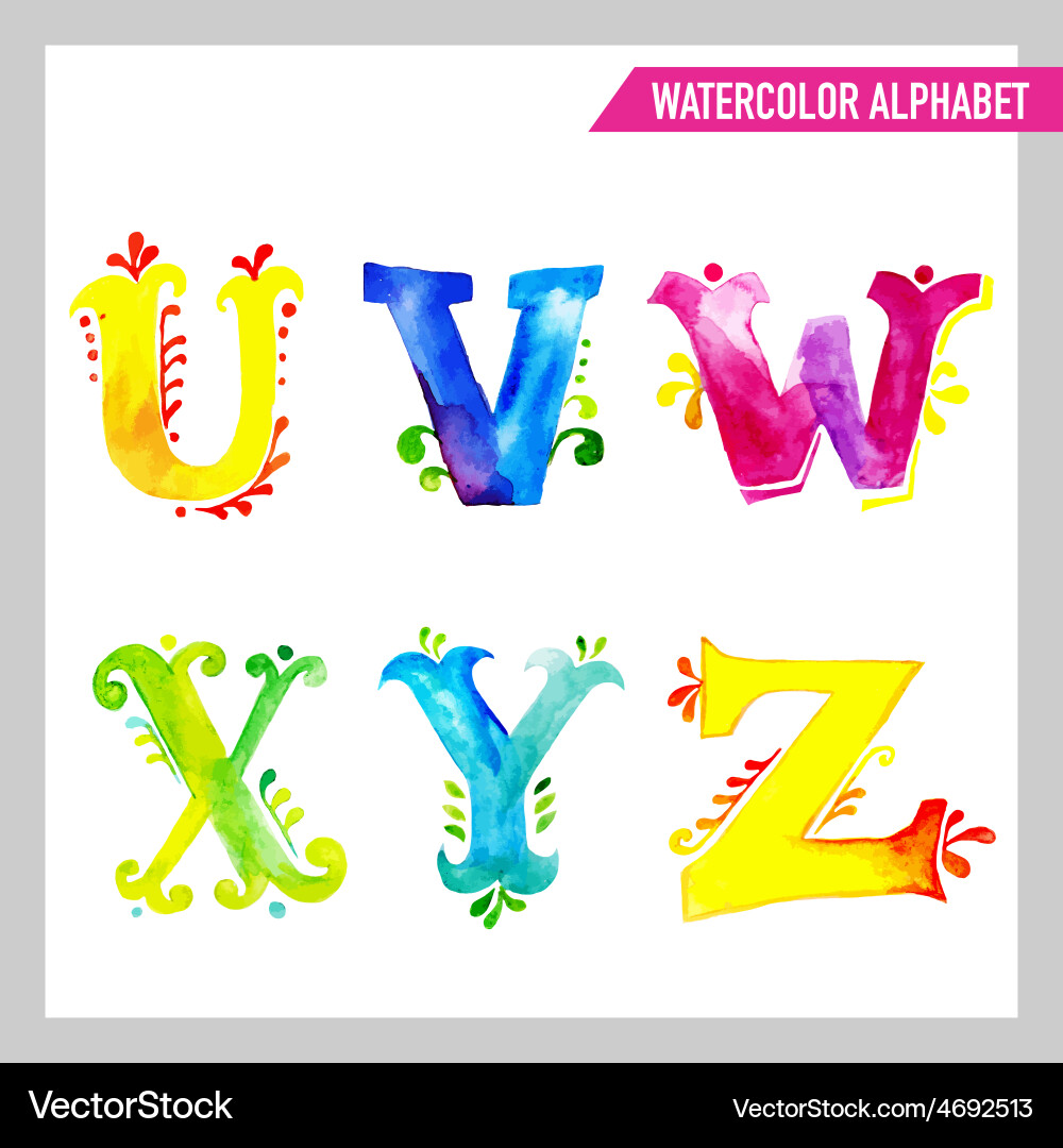 Watercolor Alphabet Letters - ABC U-Z Vector Image