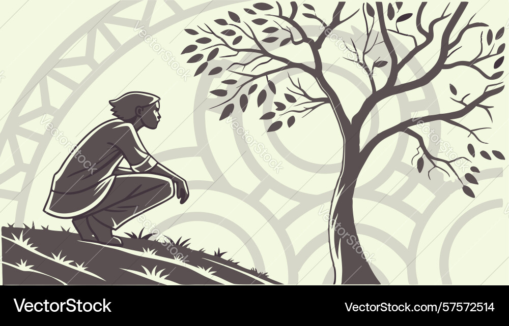 Person sitting under tree with circular patterns vector image