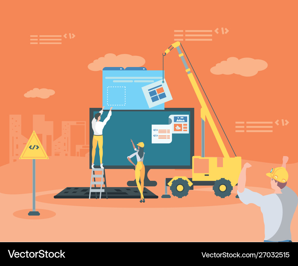 Builders and desktop with webpage under vector image
