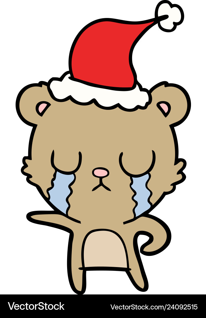 Crying line drawing of a bear wearing santa hat Vector Image