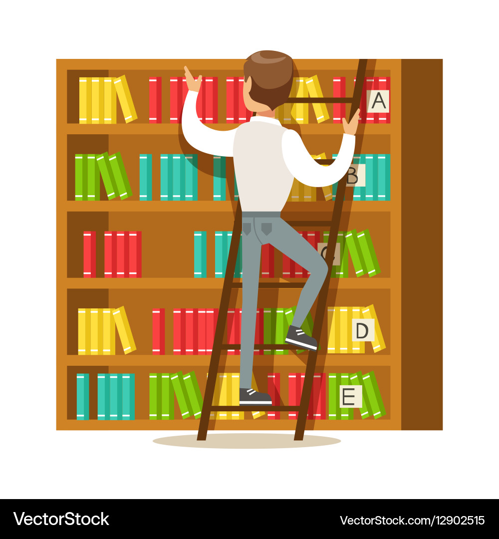 Man with ladder searching for a book on bookshelf Man with ladder searching for a book on bookshelf vector image