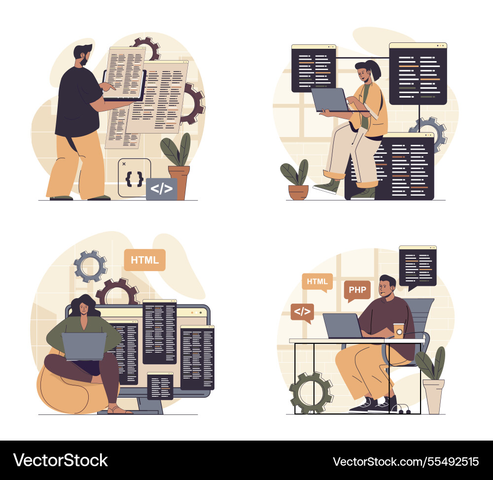Programmer working concept scenes set in flat web Programmer working concept scenes set in flat web Vector Image