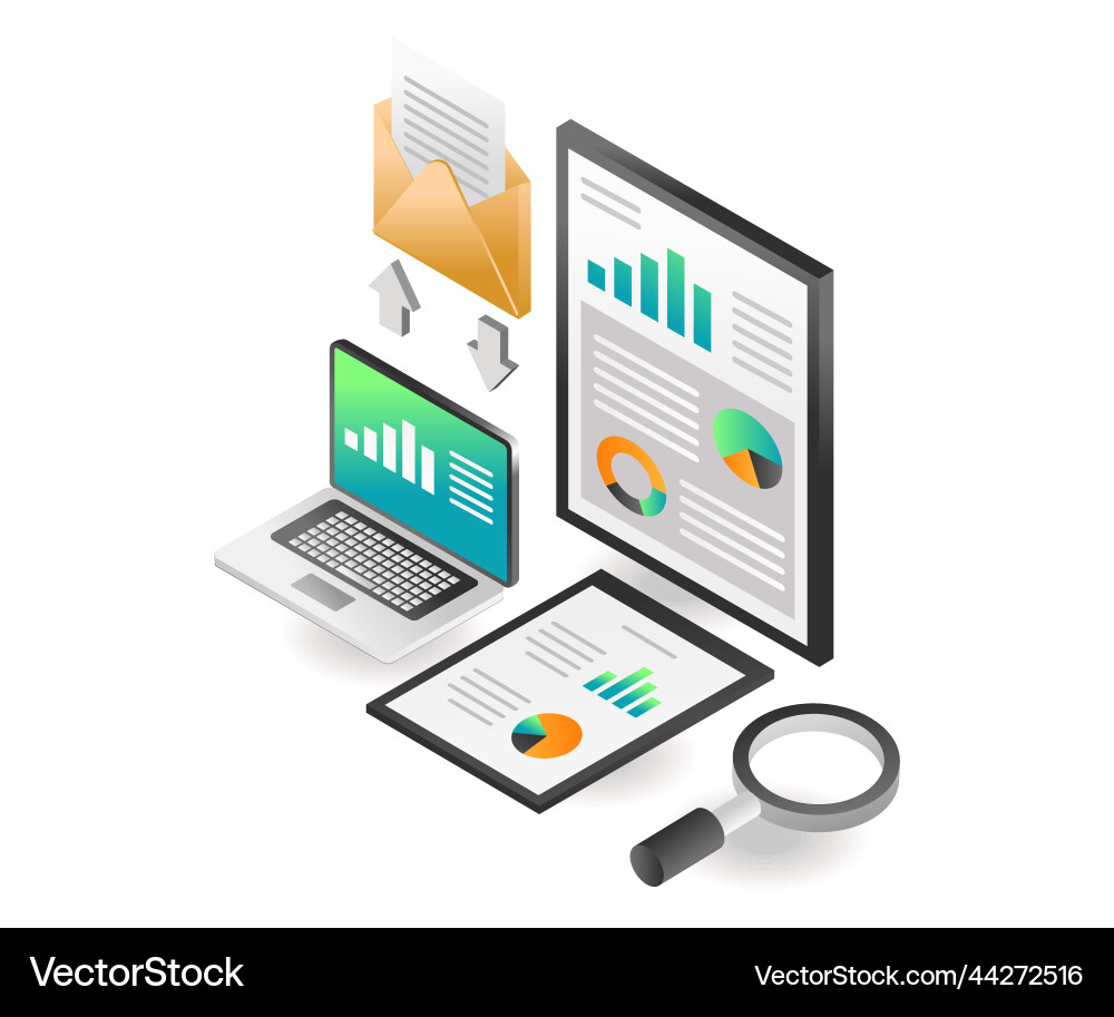 Flat isometric concept analysis send and receive Flat isometric concept analysis send and receive vector image