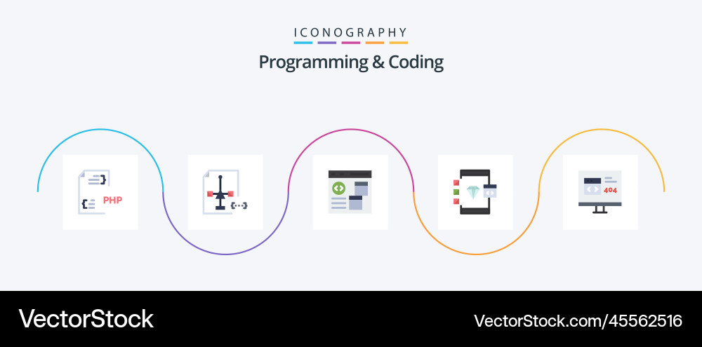 Programming and coding flat 5 icon pack including vector image