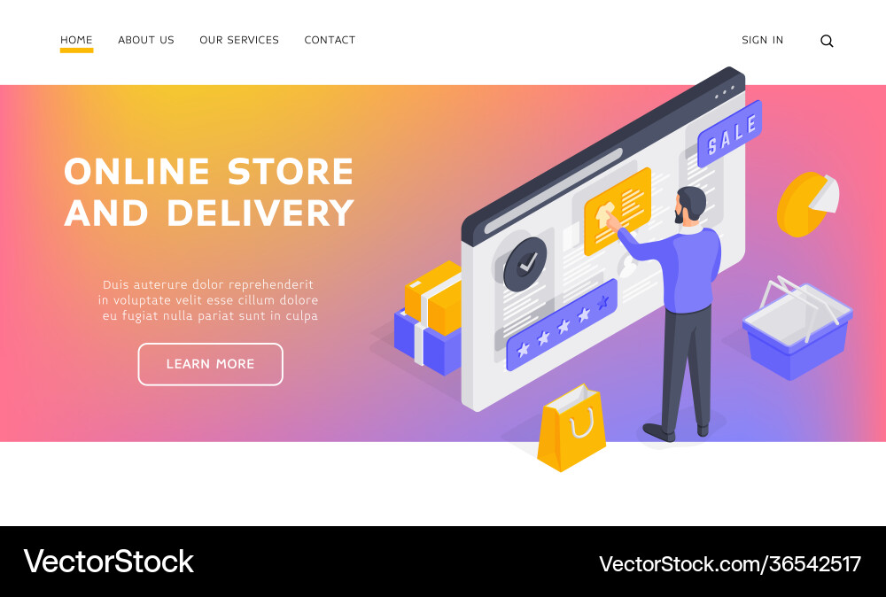 Man browsing internet store website isometric Man browsing internet store website isometric vector image