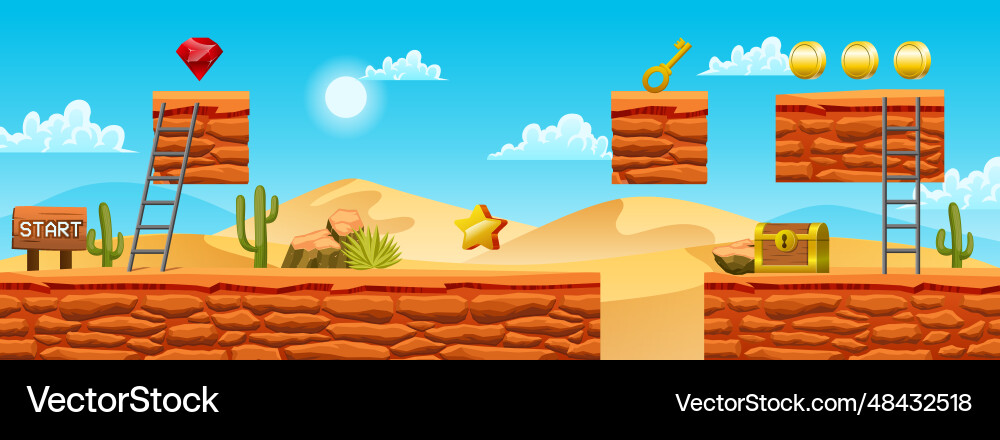 Game level background with platforms and items vector image