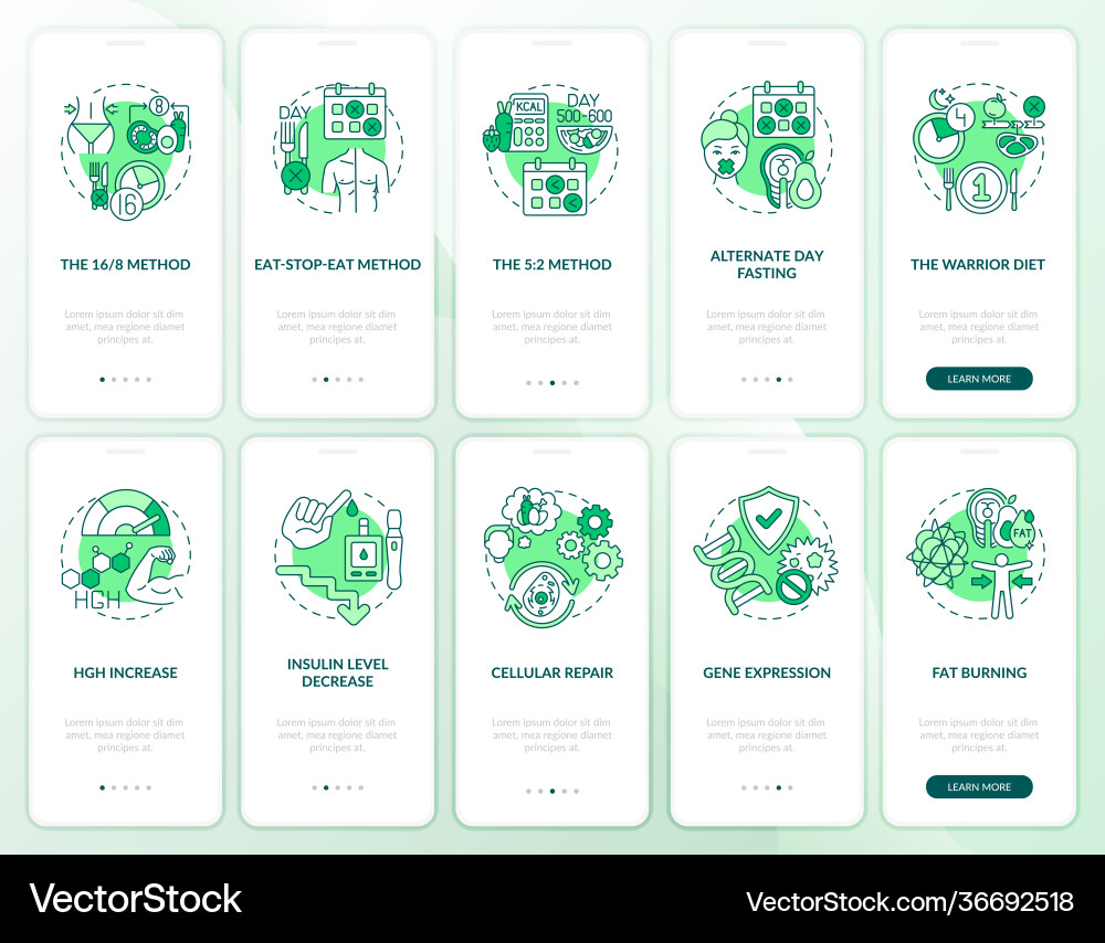 Intermittent fasting green onboarding mobile app Intermittent fasting green onboarding mobile app vector image